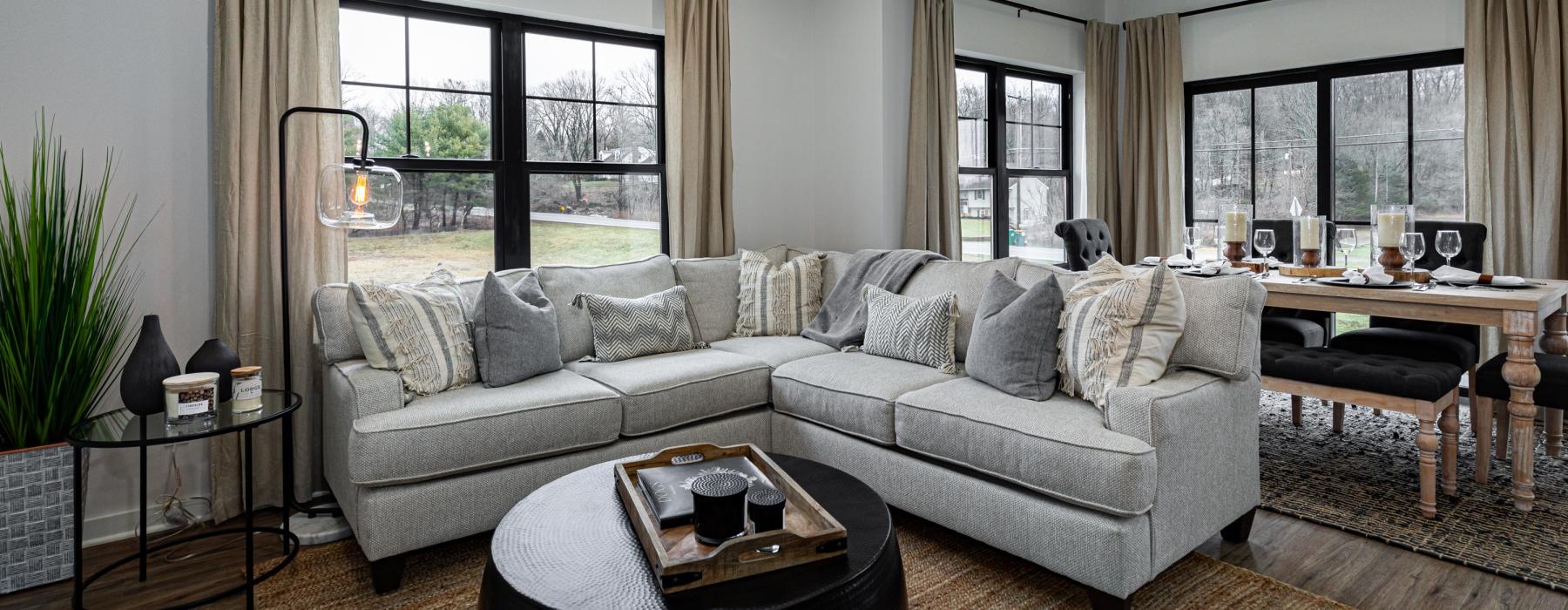 a living room with a couch and a coffee table