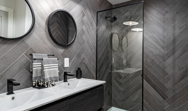 a bathroom with a large mirror